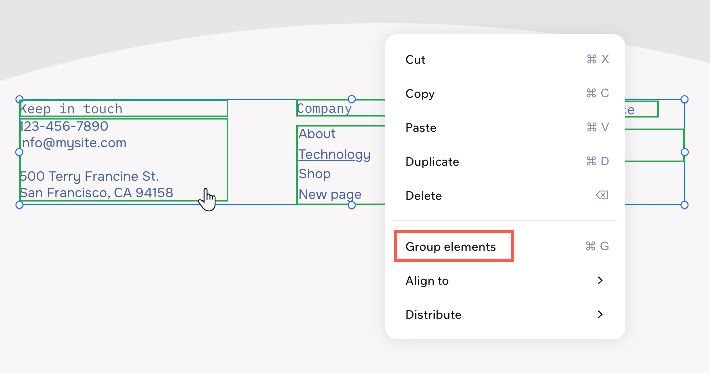 A screenshot of the Wix Harmony Editor - Group elements