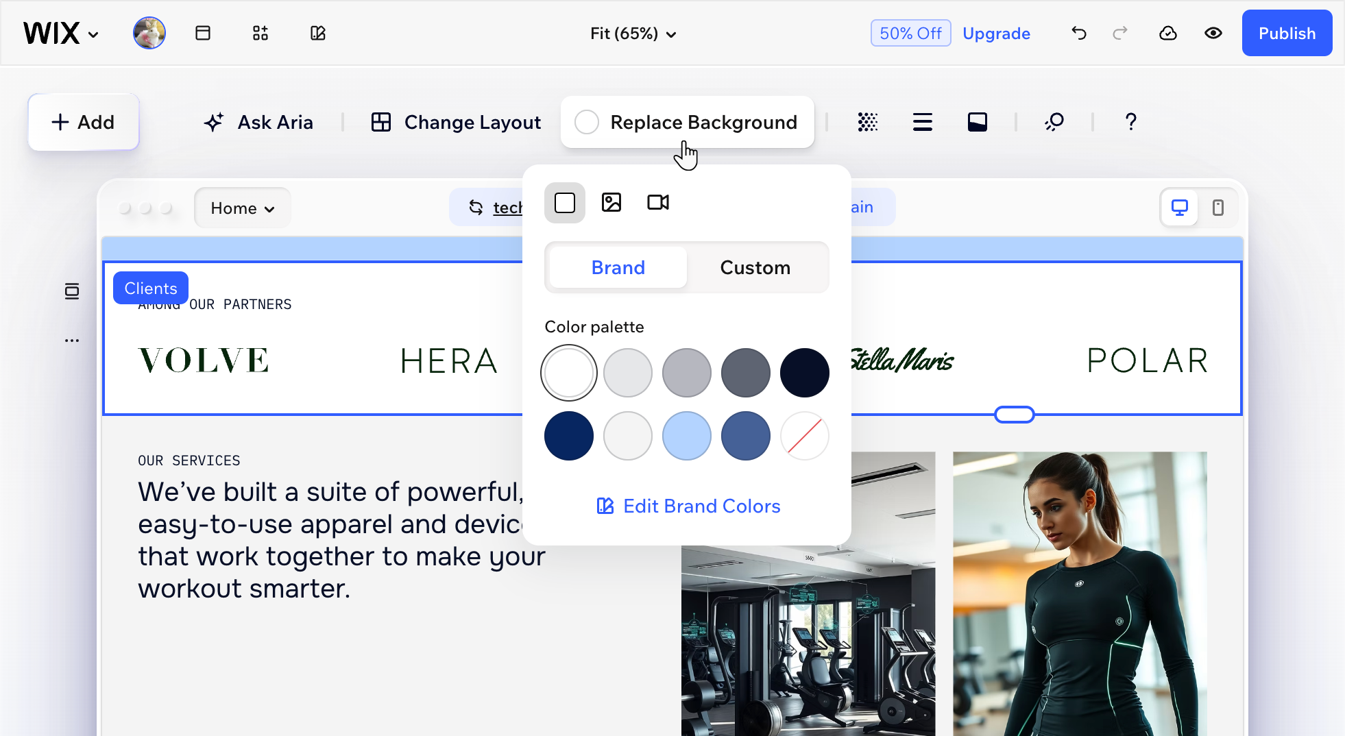 A screenshot of the Wix Harmony Editor Replace Background options