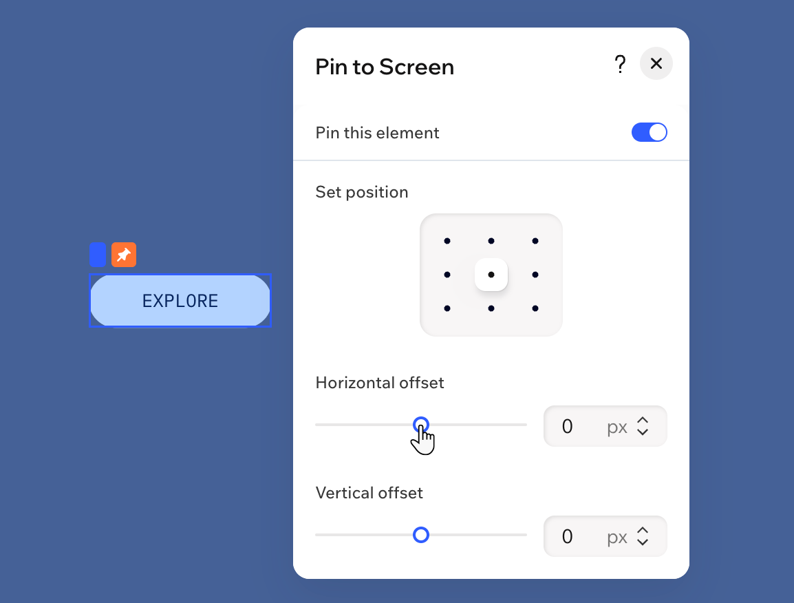 A screenshot of the Wix Harmony Editor - Pin to screen