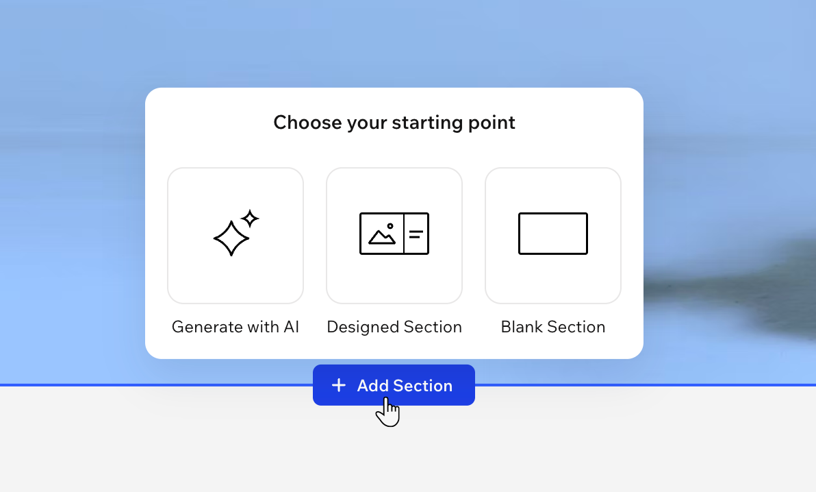 A screenshot of adding a section in a the Wix Harmony Editor