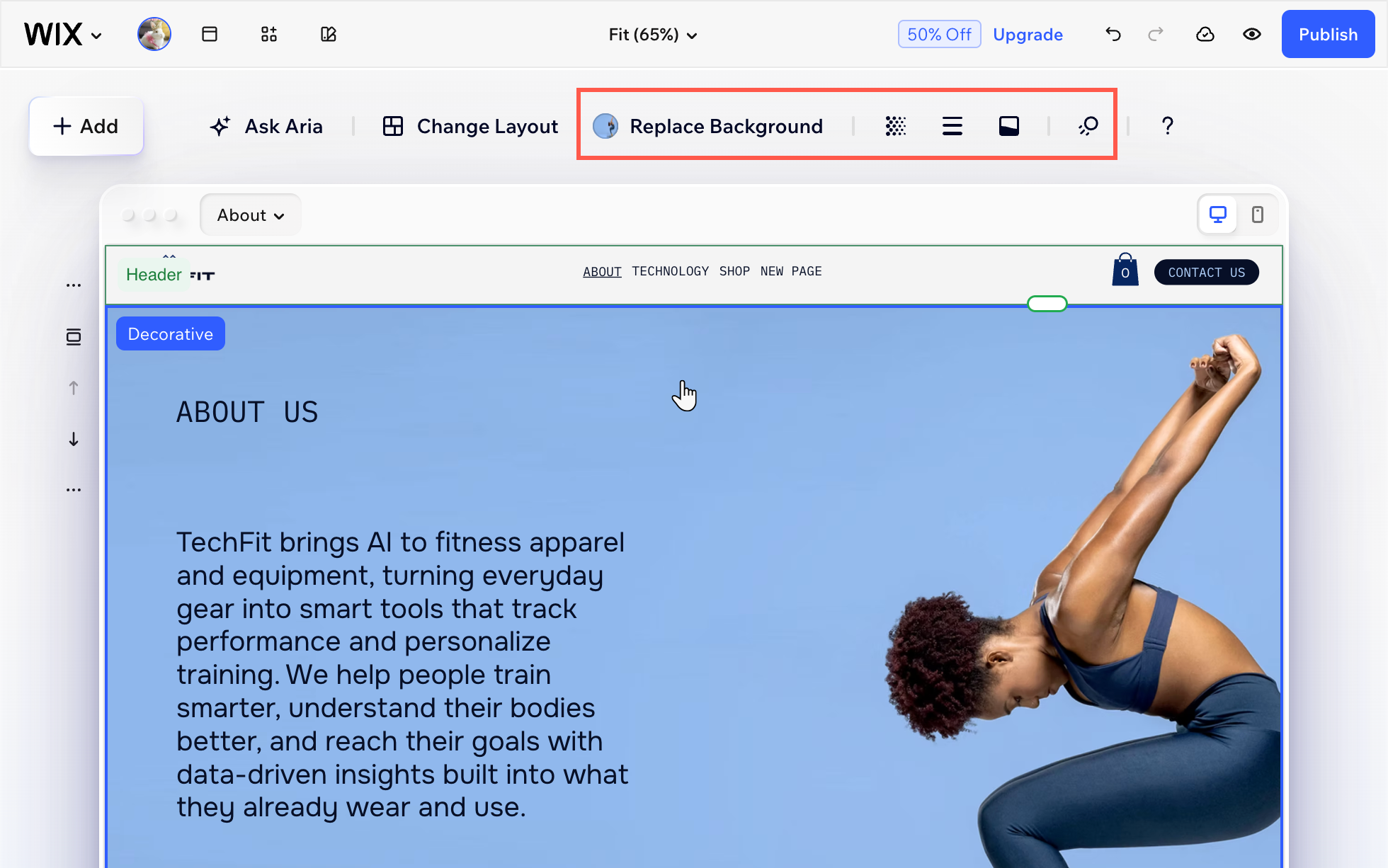 A screenshot of editing a section design in a the Wix Harmony Editor