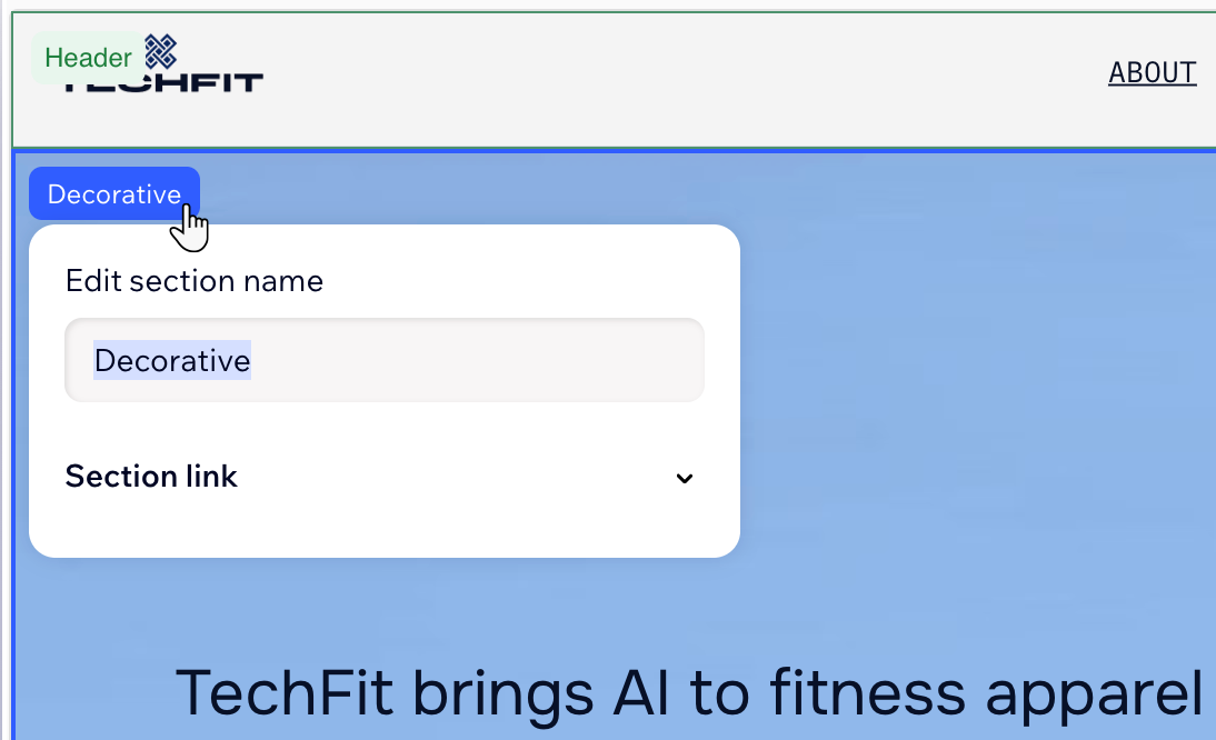 A screenshot of editing a section name in a the Wix Harmony Editor