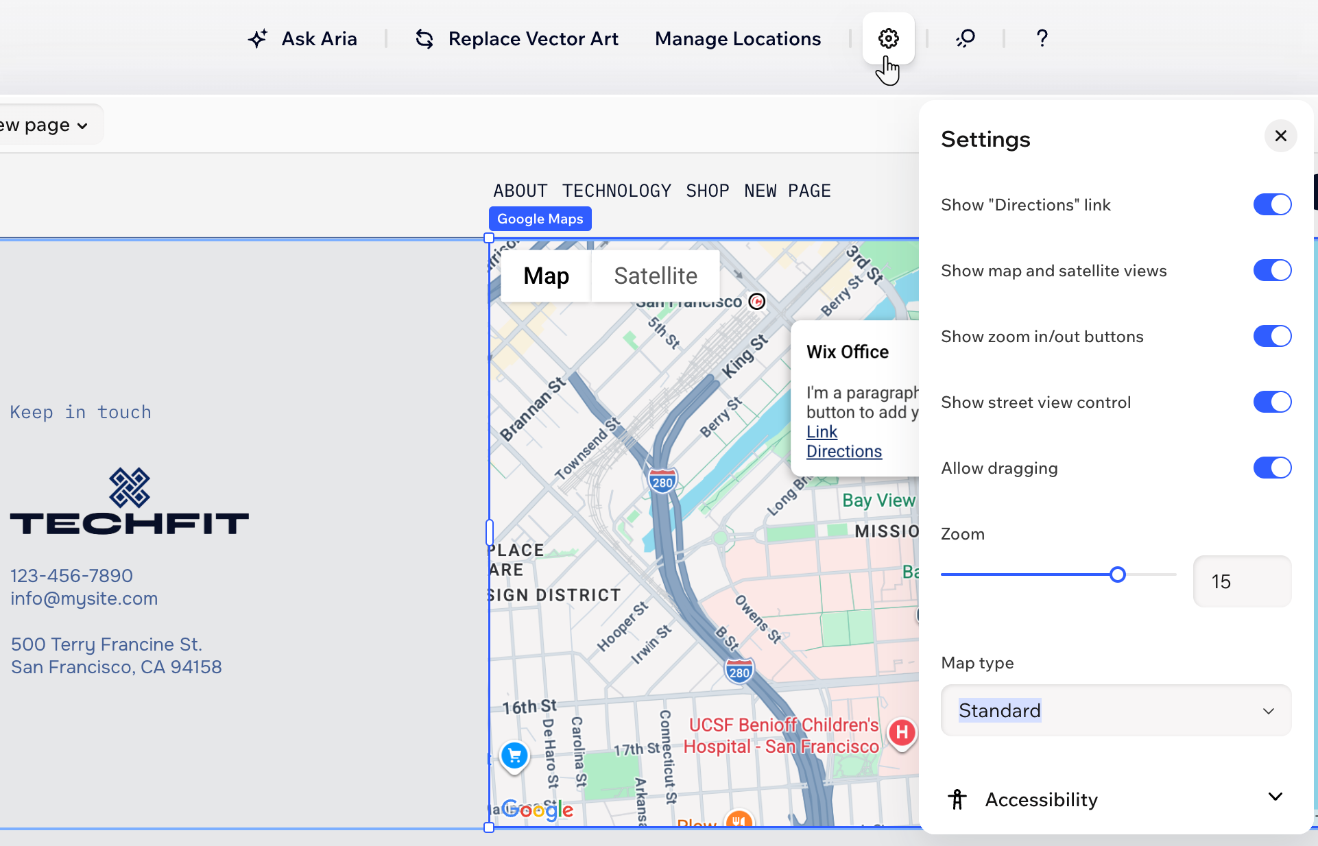 A screenshot of the Wix Harmony Editor Google maps