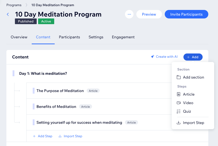 Screenshot del pannello Contenuti di un programma Wix