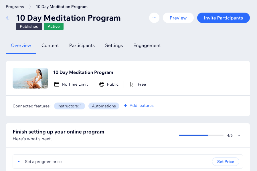 Screenshot di un programma pubblicato a cui invitare i partecipanti