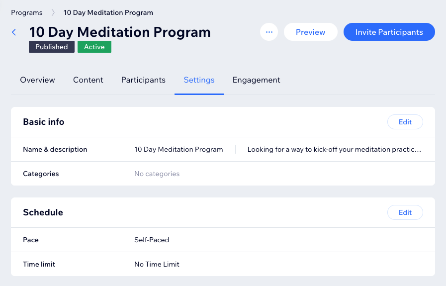 Screenshot delle impostazioni del programma per inserire i dettagli del programma