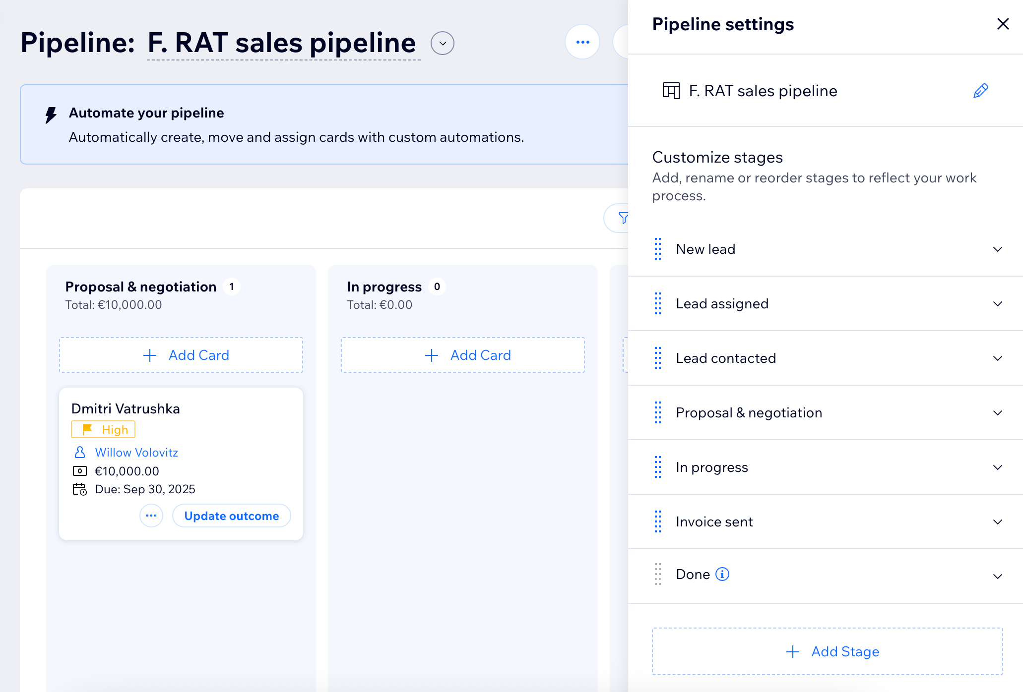 A screenshot of Wix Pipelines in a site dashboard