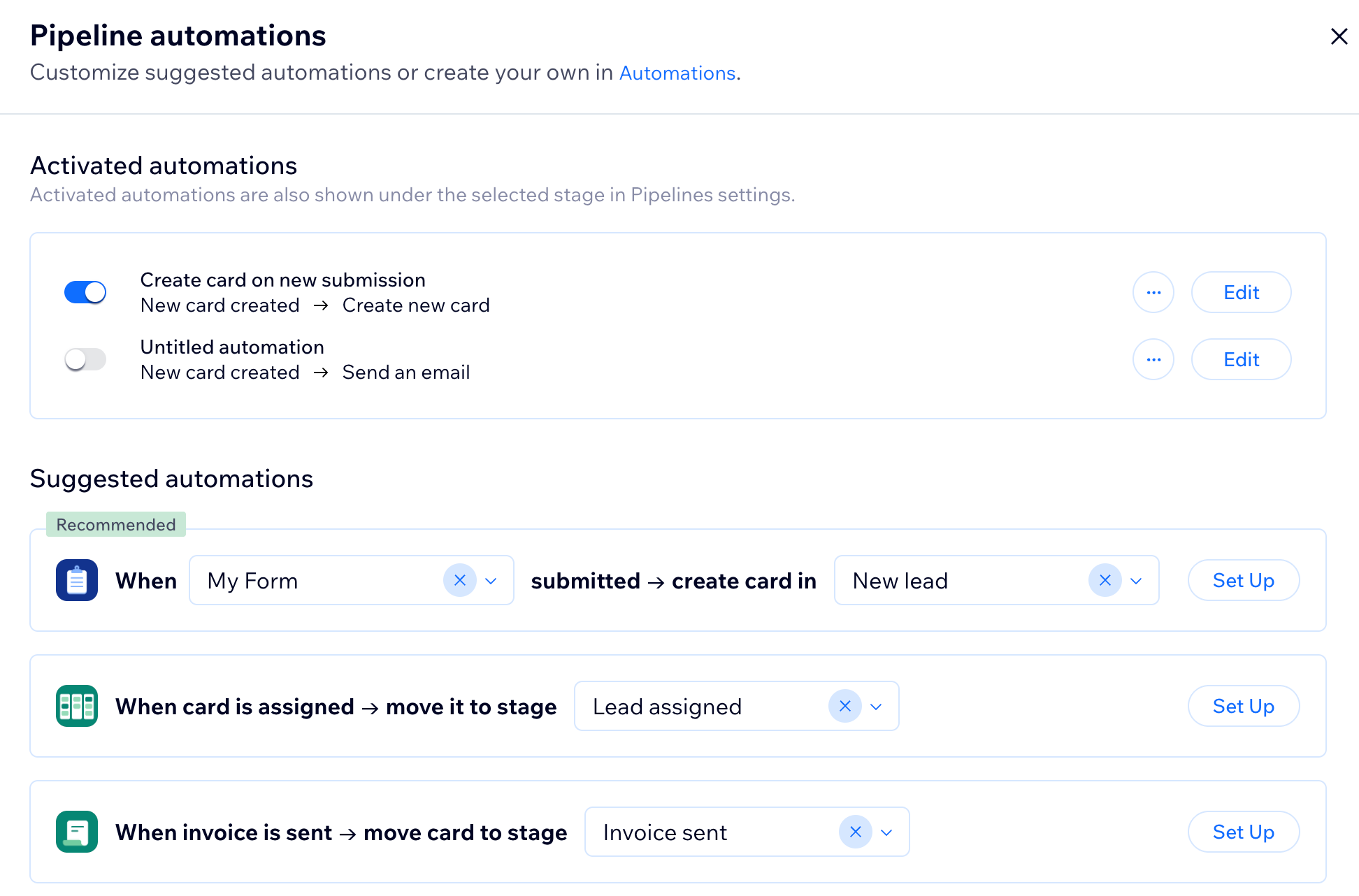 A screenshot of Wix Pipelines in a site dashboard