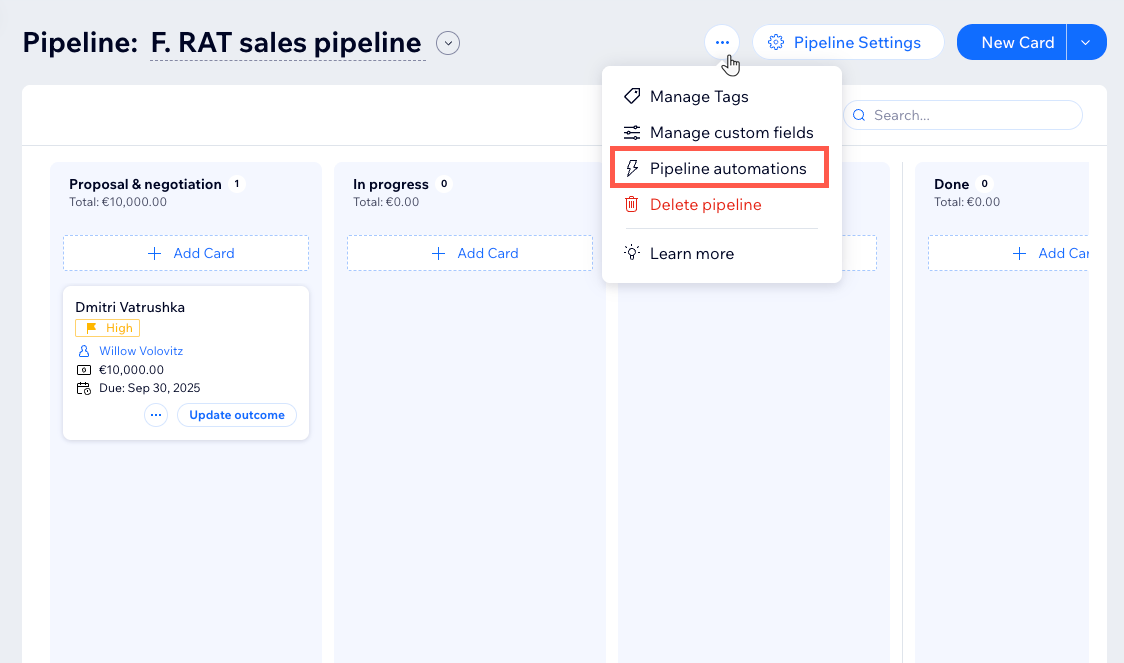 Screenshot della scheda Wix Pipeline