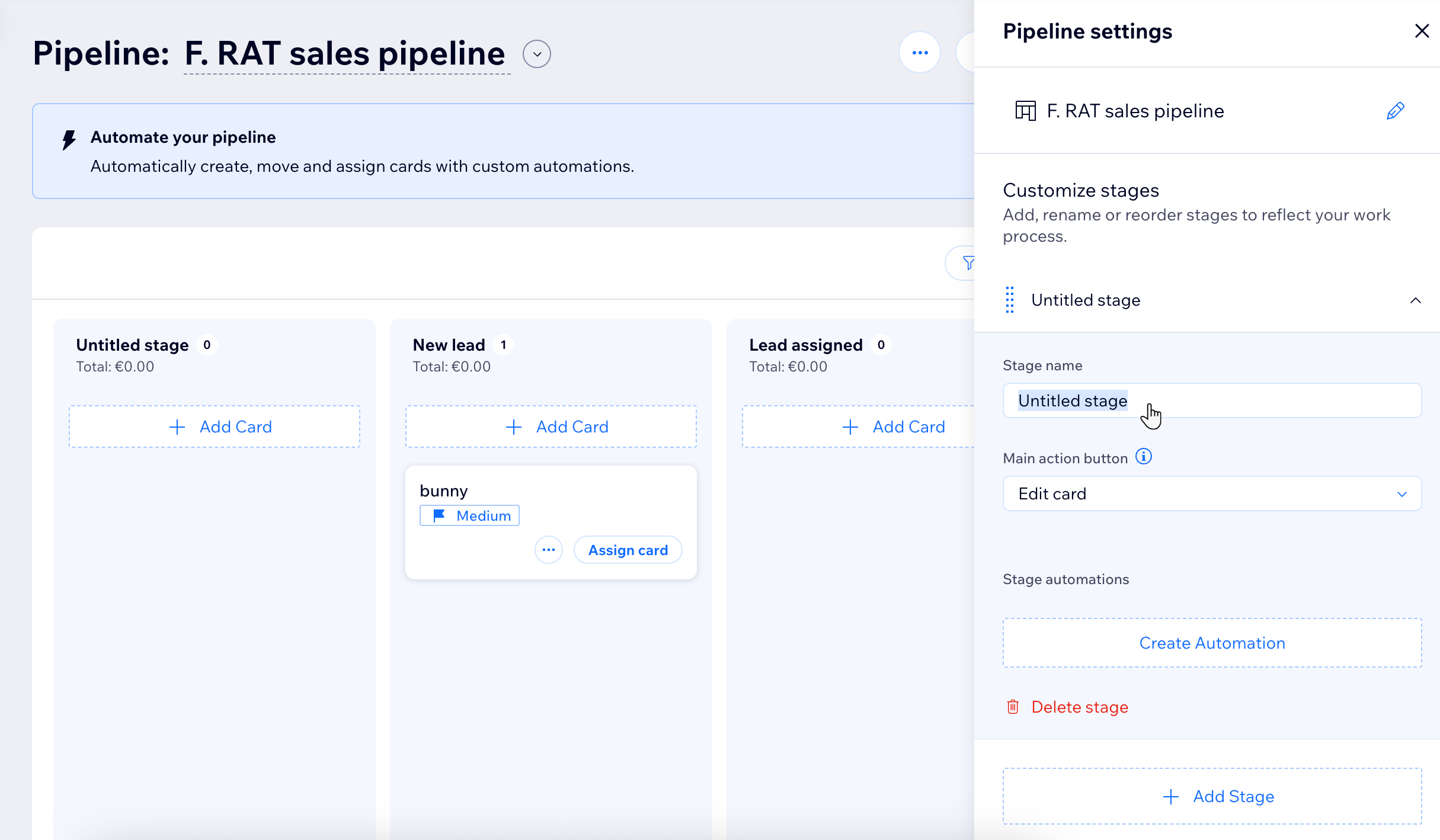 A screenshot of the Wix Pipelines tab in the site dashboard while editing the pipeline settings