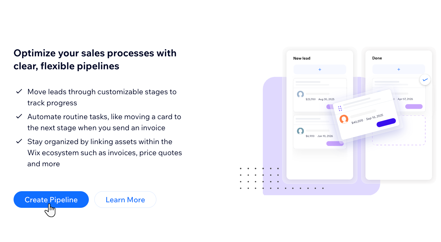 A screenshot of the Wix Pipelines tab in the site dashboard