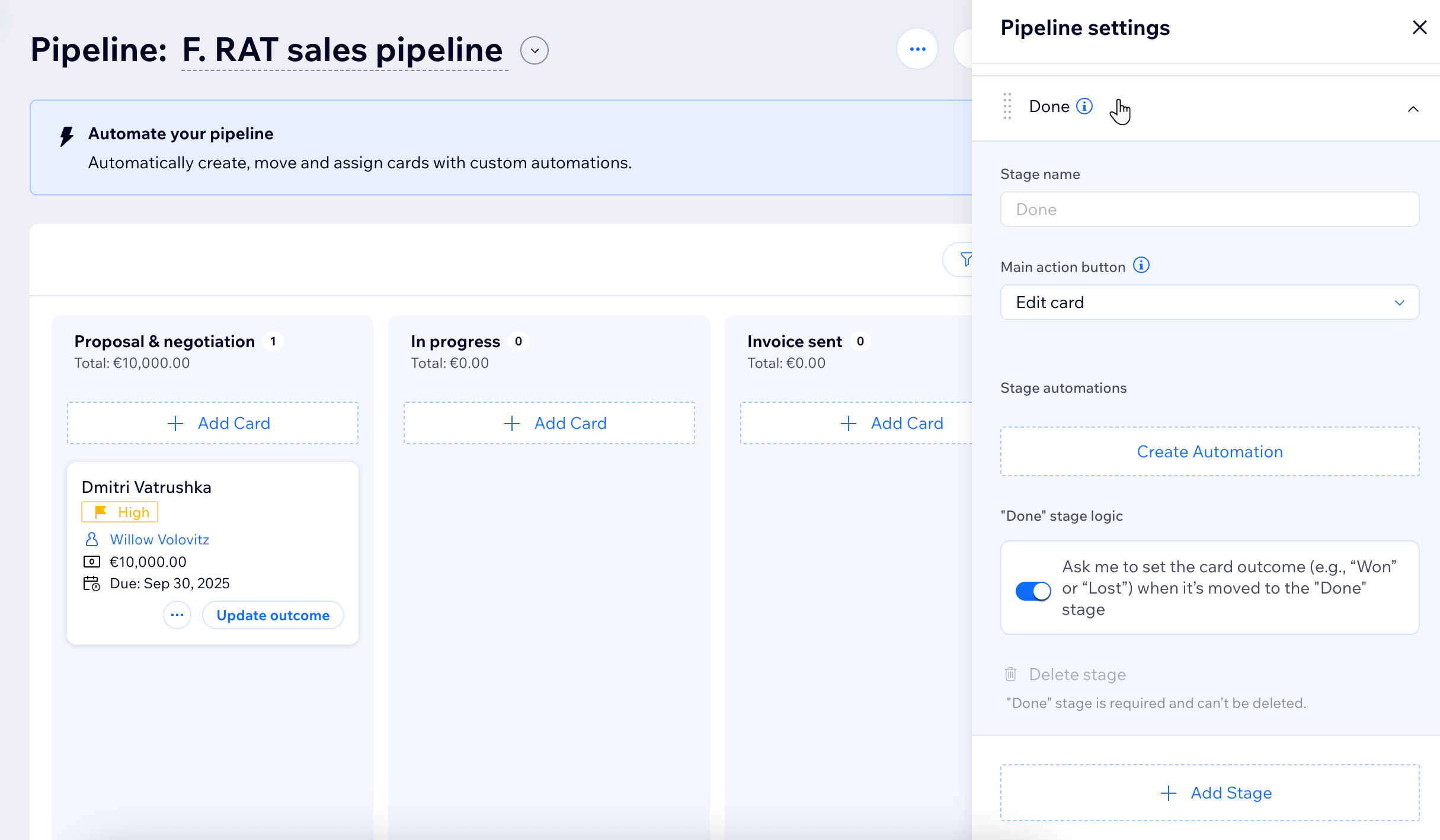 A screenshot of the Wix Pipelines tab in the site dashboard while editing the pipeline stages settings