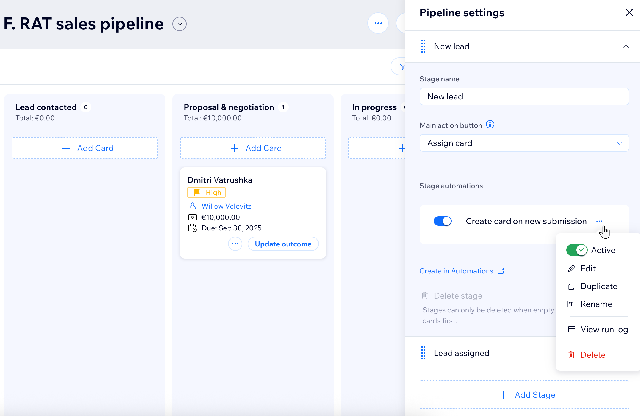 Screenshot dal Pannello di controllo del sito Wix nella scheda Pipeline