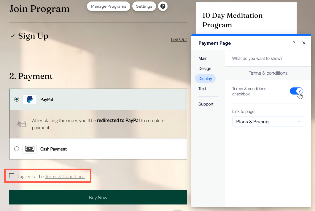 A screenshot of the Wix Editor to enable the Terms & Conditions Checkbox toggle