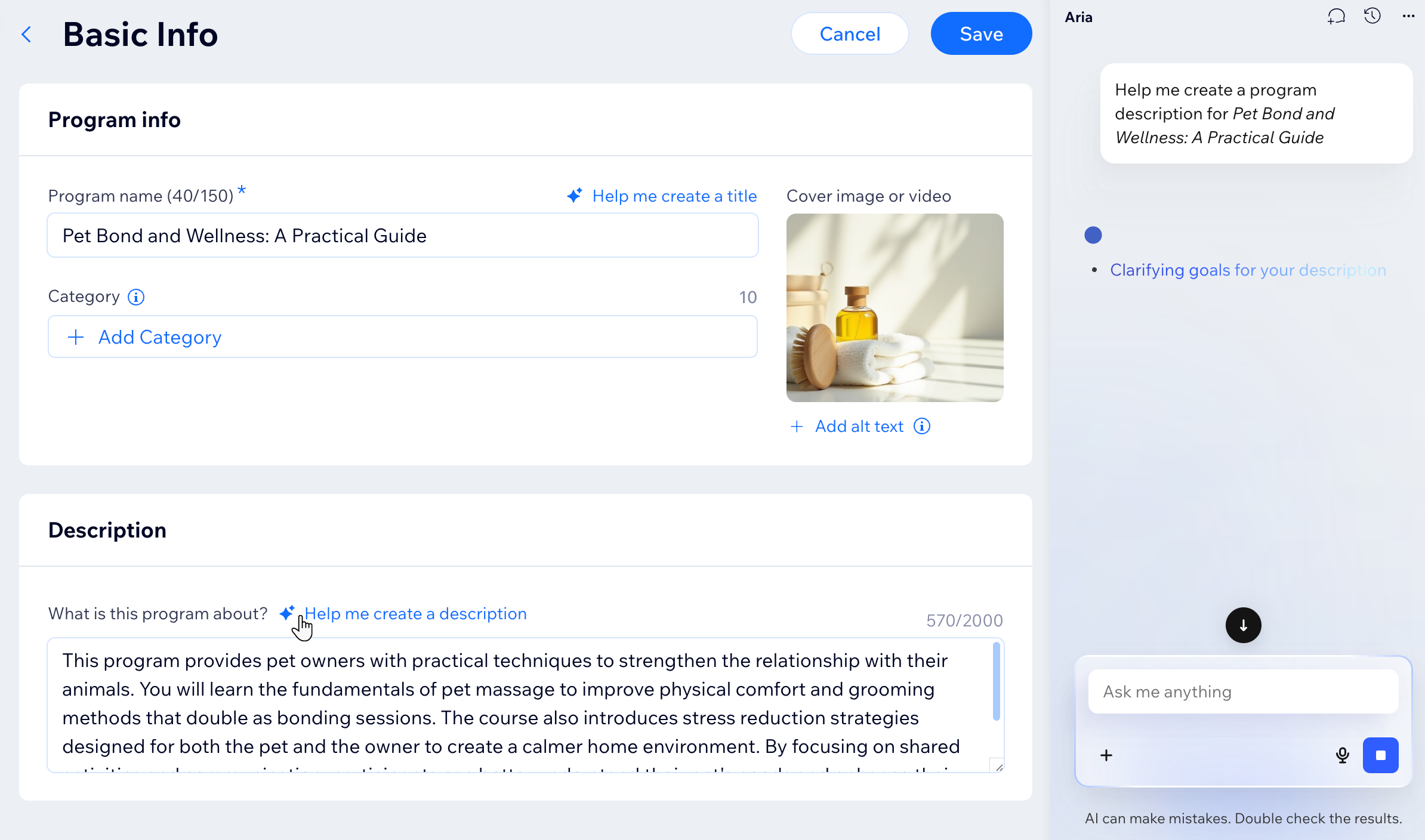 A screenshot of the basic info page in an online program, with the 'help me create a description' button highlighted.