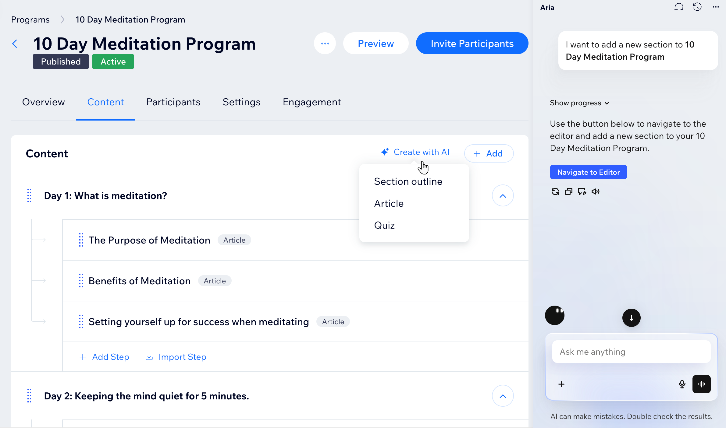 A screenshot of an online program in the dashboard. The Create with AI option is highlighted.