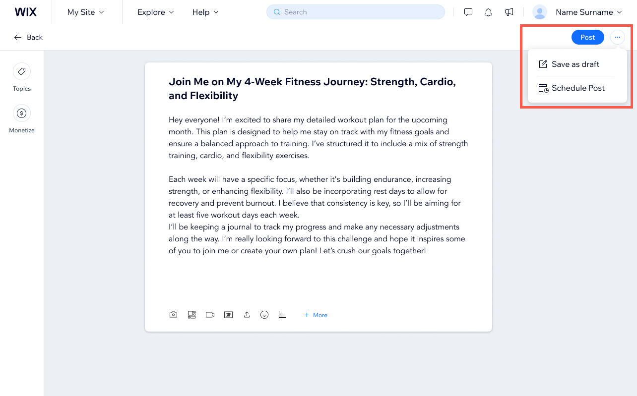 Screenshot di un post di gruppo in modalità di modifica sul Pannello di controllo di un sito Wix