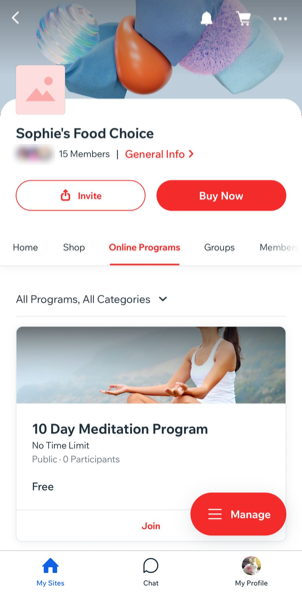 Uno screenshot dell'app Wix Spaces con la scheda Programmi aperta