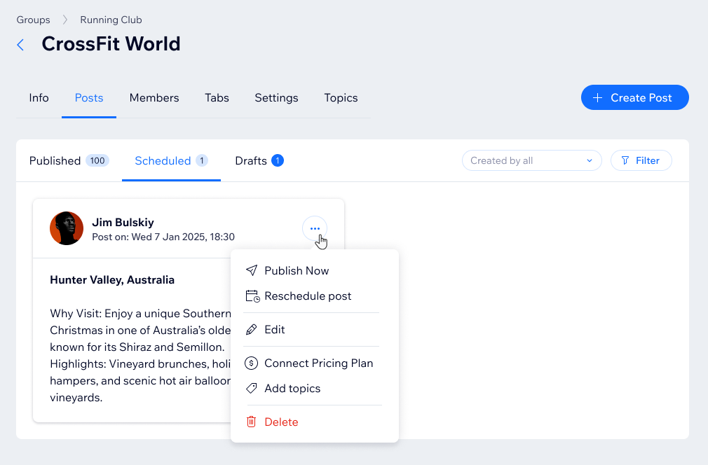Screenshot dei post di un gruppo nel Pannello di controllo in un sito Wix