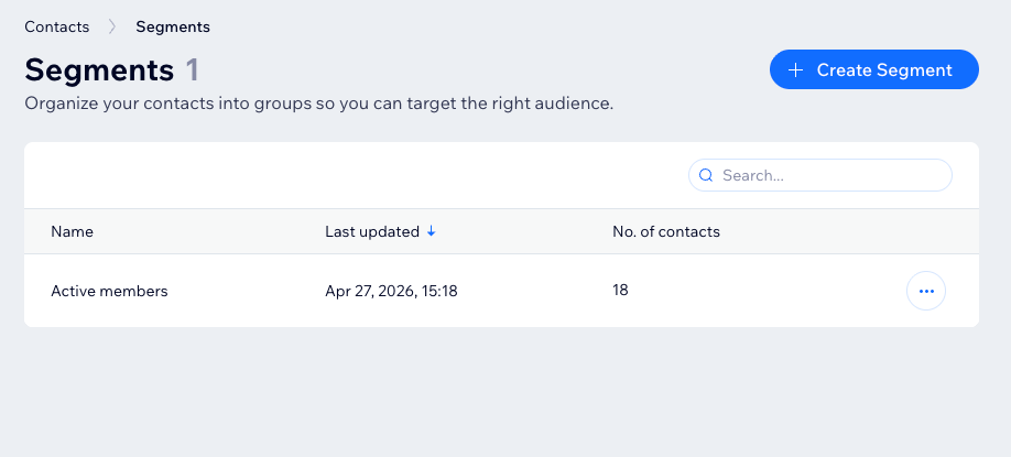 A screenshot of the segments tab in the Wix site dashboard
