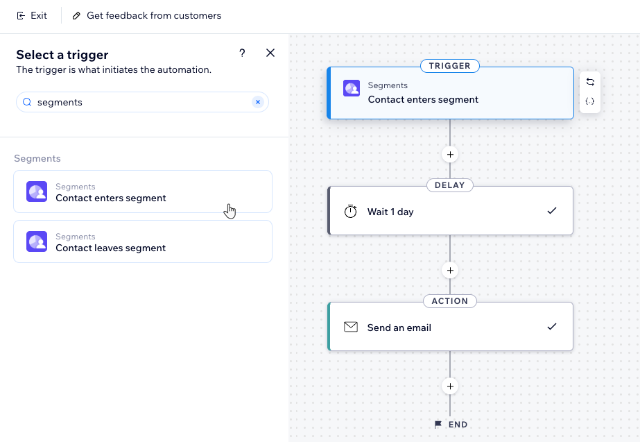 A screenshot of the Wix Automations tab using Segments in the automation
