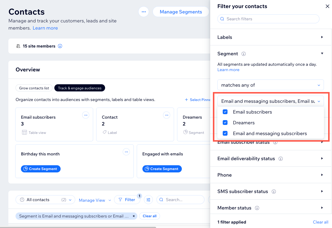 A screenshot of filtering your contacts by segments.