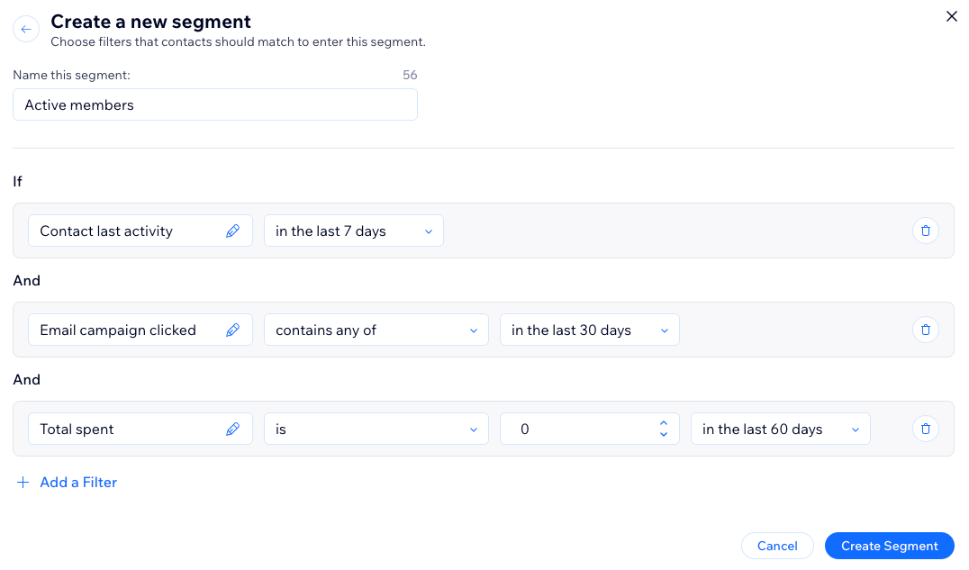 A screenshot of a filters being added to a new segment.