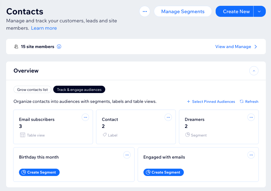 A screenshot of the Wix Contacts tab in the site dashboard showing Segments suggestions