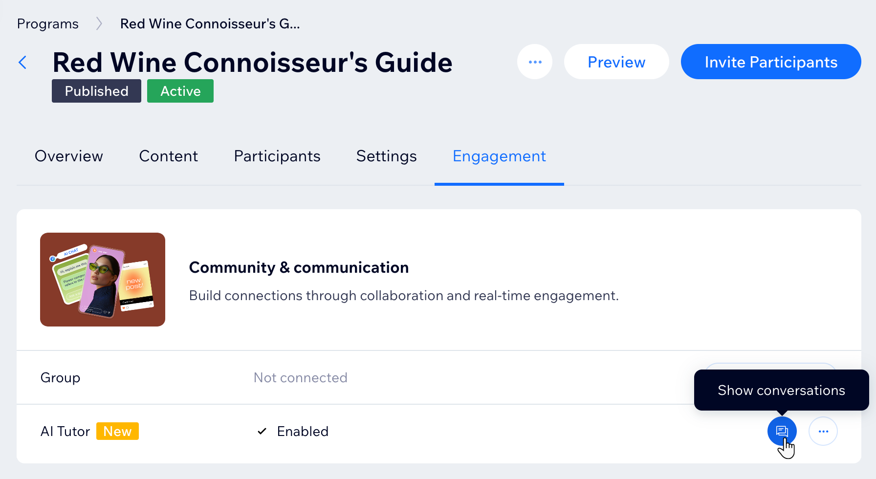 A screenshot of the AI tutor button in the Wix online programs dashboard