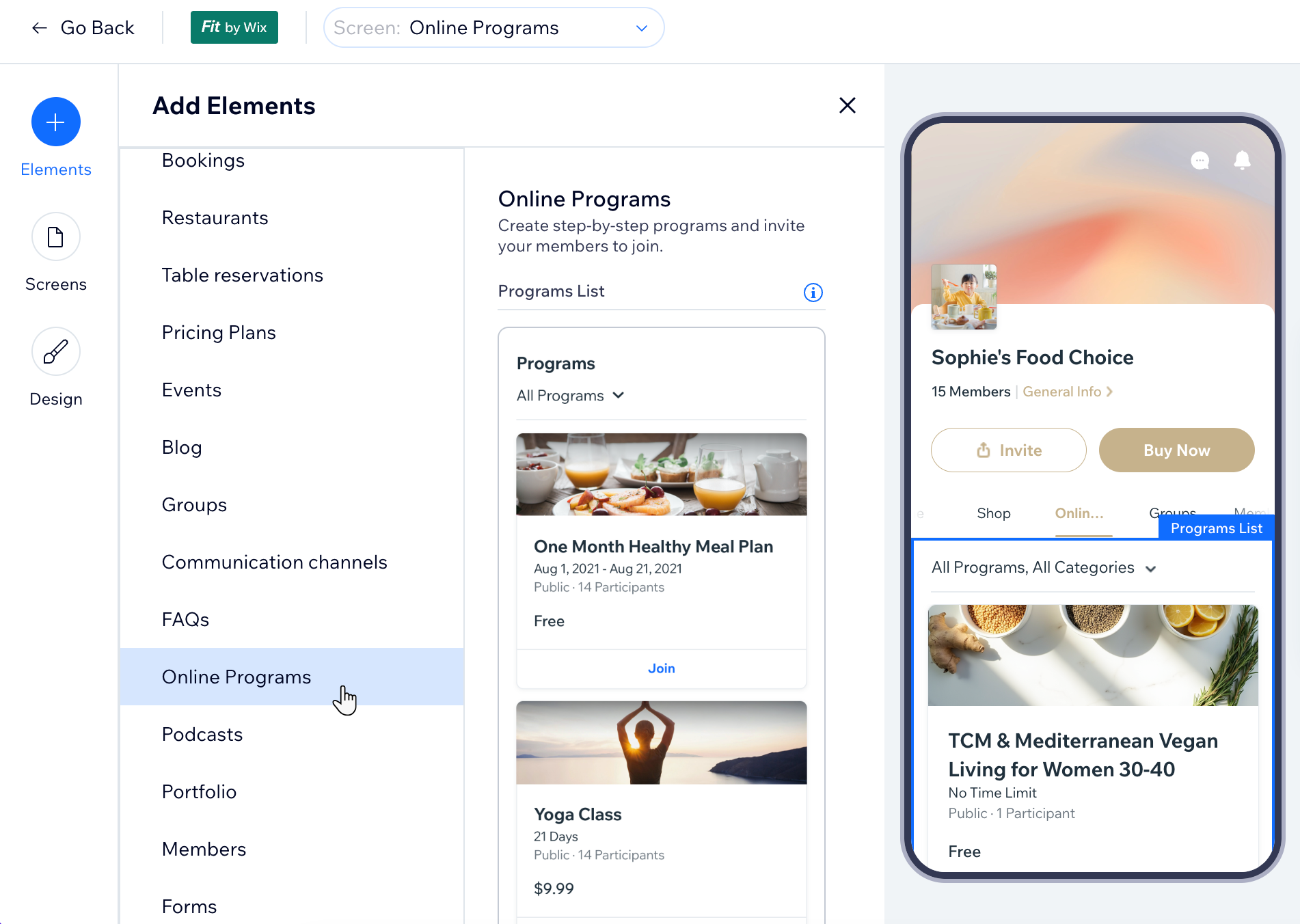 Screenshot van de Fit by Wix mobiele app bouwer met het Elementen toevoegen-paneel open en Online programma's geselecteerd.