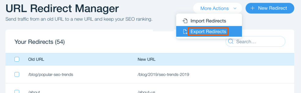 Une capture d'écran du gestionnaire de redirections d'URL avec l'option Exporter les redirections en surbrillance.