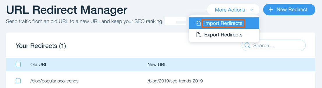 A screenshot of the URL Redirect Manager with the Import Redirects option highlighted.