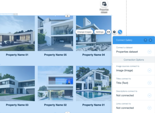 Captura de pantalla que muestra la conexión de un conjunto de datos a una Galería Wix Pro en el Editor.