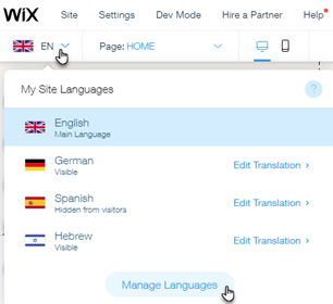 Screenshot of the Switch Languages drop-down menu with the Manage Languages button highlighted.