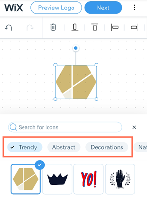 The logo maker in the Wix app. The categories are highlighted.
