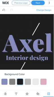 The logo maker in the Wix app. The background color option is open, displaying some colors.