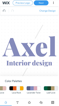 The logo maker in the Wix app. The color palettes for a logo are displayed.