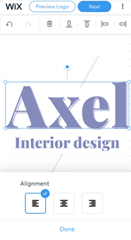 The logo maker in the Wix app. The text alignment has been selected.