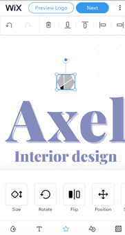 The logo maker in the Wix app. The logo icon is highlighted, and the design options are displayed.