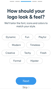 The Wix Logo Maker on a mobile device. The panel is displaying different looks and feels for the logo.