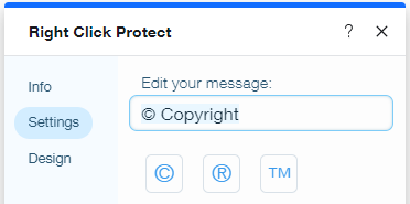 A screenshot of the Settings panel where you can updated your copyright message.