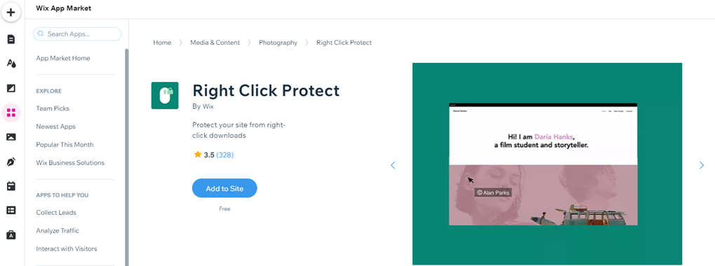 Una captura de pantalla de la aplicación Right Click Protect en el App Market.