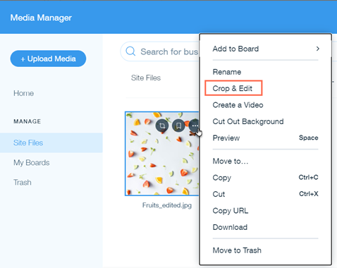 A screenshot of Media Manager with the Crop & Edit option highlighted.