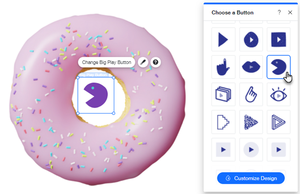 Captura de tela de um donut como vídeo com botão de reprodução no centro. Alterar botão de reprodução selecionado, com opções de botão exibidas.