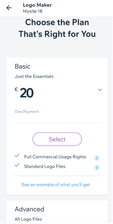 The Logo plan options in the Wix app.