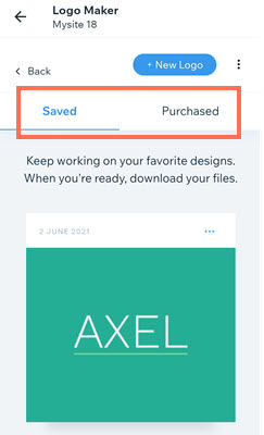 The logo maker in the Wix app. The saved and purchased tabs are highlighted.