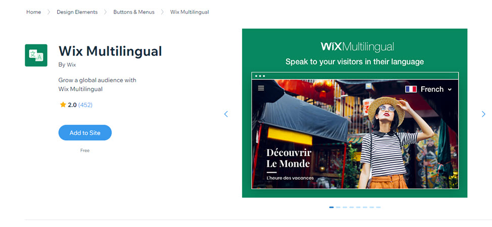 Screenshot van Wix Multilingual in de pop-up voor het toevoegen van apps.