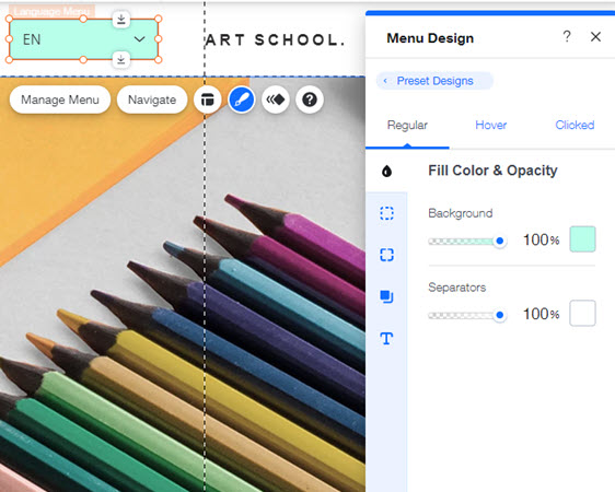 Screenshot des Design-Panels des Sprachmenüs im Wix Editor