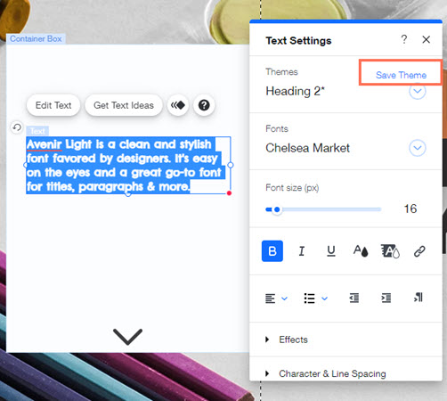 Das Texteinstellungs-Panel im Editor. Der Button „Schriftvorlage speichern“ ist hervorgehoben.