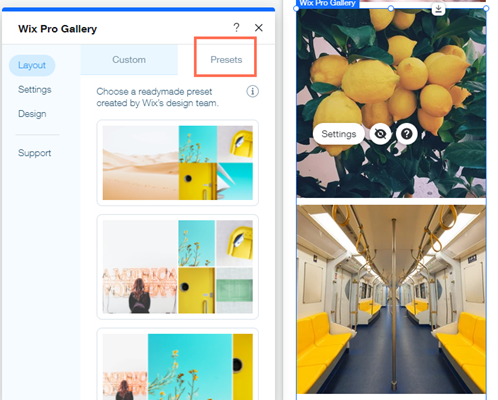 A screenshot of the pro gallery layout panel with the Presets tab highlighted.